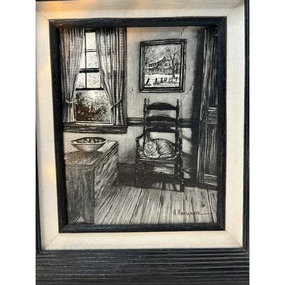 H Hargrove Signed Serigraph Black & White Cat in Chair Farmhouse 8x10" Fine Art - Picture 2 of 7